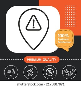 Alerta, pin, icono de advertencia. Con fondo naranja y negro