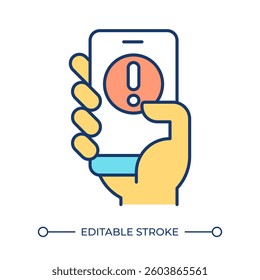 Alert push notification RGB color icon. Hand holding smartphone with exclamation mark on screen. Warning message. Isolated vector illustration. Simple filled line drawing. Editable stroke