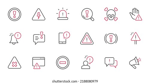 Alert, risk sign line icon set. Caution, warning, exclamation mark thin editable line stroke icon. Alert information, accident notification vector illustration.