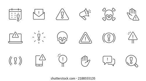 Warnhinweis, Symbol für die Risikozeichenlinie gesetzt. Vorsicht, Warnung, Ausrufezeichen in bearbeitbaren Linien Schlagzeichen Symbol. Warninformationen, Unfallmeldung, Vektorgrafik.