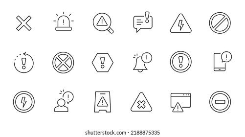 Alert, risk sign line icon set. Caution, warning, exclamation mark thin editable line stroke icon. Alert information, accident notification vector illustration.