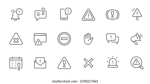 Alert, risk sign line icon set. Caution, warning, exclamation mark thin editable line stroke icon. Alert information, accident notification vector illustration.