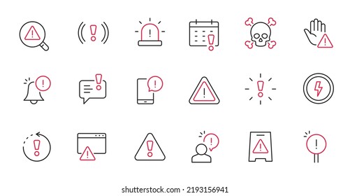 Alert, risk sign line icon set. Caution, warning, exclamation mark thin editable line stroke icon. Alert information, accident notification vector illustration.