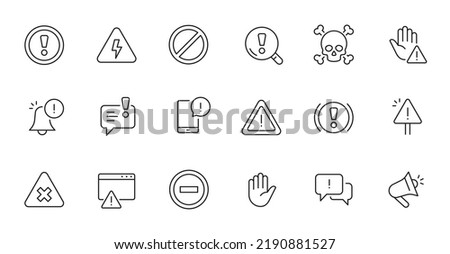 Alert, risk sign line icon set. Caution, warning, exclamation mark thin editable line stroke icon. Alert information, accident notification vector illustration.