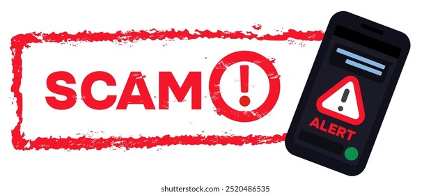 Alerta scam mensagem mobile smartphone scam chat notification com selo grunge escrito a sentença SCAM texto símbolos símbolo vetor ilustração eps texto editável