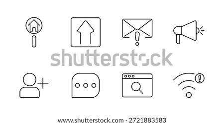 Alert set icon. Search house, up arrows, letter, megaphone, profile, chat, browser, wifi alert.