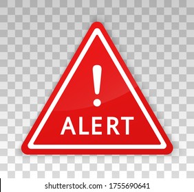 Alert sign. Cyber security. Alert icon in red triangle isolated on background. Attack hacker. Virus scam. Attention warning. Symbol safety. Beware sign with exclamation mark. Concept danger. Vector