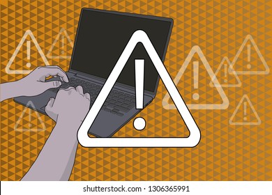Alert sign over hands on keyboard