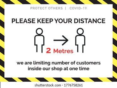 Alert sign for shop door - poster Covid-19 UK for customers to keep distance 2 metres apart with pictogram