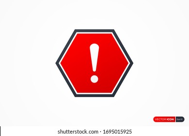 Signo de alerta, icono de advertencia y exclamación con el hexágono rojo y borde de contorno negro fuera. Elemento de plantilla de diseño de icono de vector plano.