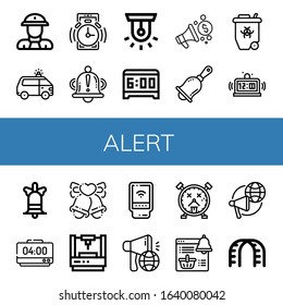alert simple icons set. Contains such icons as Fireman, Ambulance, Alarm, Bell, Siren, Alarm clock, Megaphone, Handbell, Radioactive, Bells, can be used for web, mobile and logo