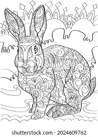 Alert Small Bunny Standing Looking Forward With Tall Grass Background. Tiny Hare Sitting In The Grass Facing Front Coloring Book Page.