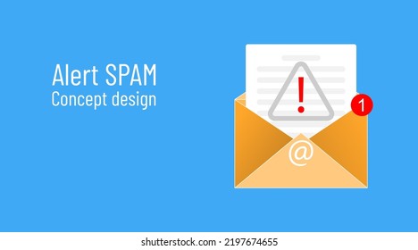 Diseño de concepto de spam de alerta. Icono de letra de fraude amarillo con documento, signo de advertencia de exclamación de alerta, notificación roja. Símbolo de correo electrónico en. Ilustración de correo del boletín de phishing. Estafa y spam malicioso