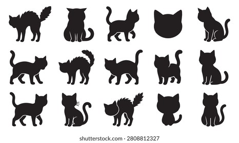 Alert and standing cat silhouettes with various expressions silhouette standing isolated collection domestic creature behavior expression