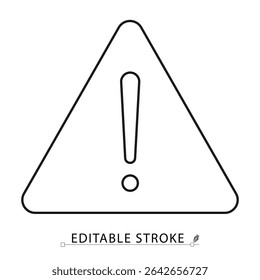 Ícone de símbolo de alerta em estilo linear mínimo com traçado editável. Triângulo com ponto de exclamação representando aviso, erro, perigo, risco, cuidado, sinal de alerta, mensagem de atenção.