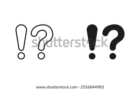 Alert Symbol. Question Mark and Exclamation Point Line and Silhouette Icon Set. Caution Information. FAQ, Answer Pictogram. Interrogative Warning Sign. Editable Stroke. Isolated Vector Illustration.