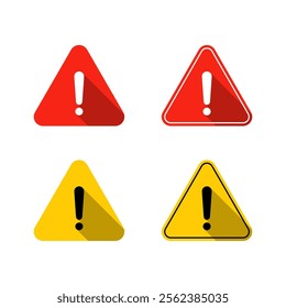 Alert warning, caution icon set with long shadow. Exclamation mark on triangle shape