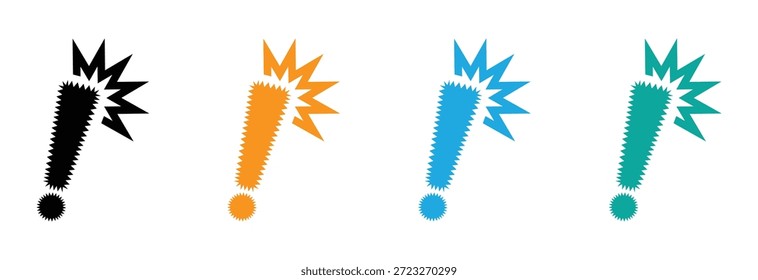 Alert and Warning Icon Set. Exclamation Mark Symbols. Vibrant exclamation mark icons in four colors on white background.