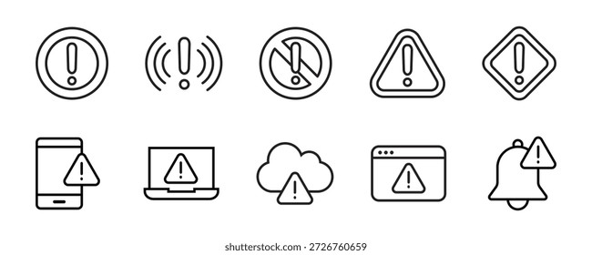 Alert and Warning line icon set. Set of 10 outline icons related to alert sign, warning, danger, hazard, attention sign, caution and others. Editable stroke. Vector illustration.	