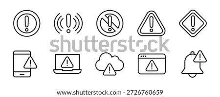 Alert and Warning line icon set. Set of 10 outline icons related to alert sign, warning, danger, hazard, attention sign, caution and others. Editable stroke. Vector illustration.	