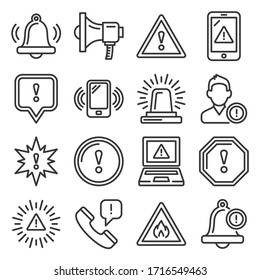 Alert Warning Ntification Icons Set on White Background. Line Style Vector