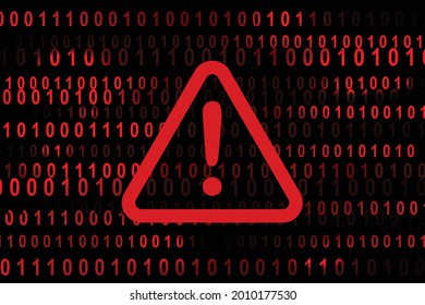 alert warning sign with digital binary code in the background. Exclamation mark. Hacker, ransomware malware, ddos attack cyber incident cybersecurity systems vulnerability malicious encryption concept