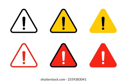 Alert warning sign icon set in flat design. Exclamation mark on triangle shape. Attention, caution symbol