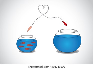 Alert Young Fish Escaping From Crowded Small Glass Bowl To Big.  A Smart Red Happy Fish Jumping From A Small A Glass Tank With Blue Water To A Big One - Passion Risk Taking Concept Illustration Art 