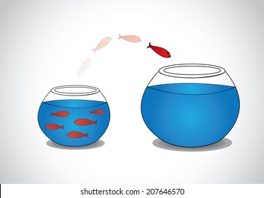 Alert Young Fish Escaping From Crowded Small Glass Bowl To Big.  A Smart Red Happy Fish Jumping From A Small A Glass Tank With Blue Water To A Big One - Passion Risk Taking Concept Illustration Art 