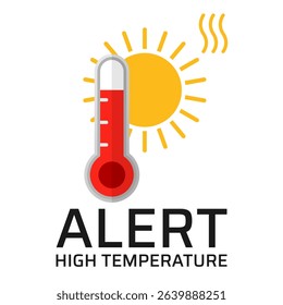 Alerte high temperature icon of thermometer with inscription. Vector graphic isolated on white background. Heat wave concept, template for social media, news, information article, etc.