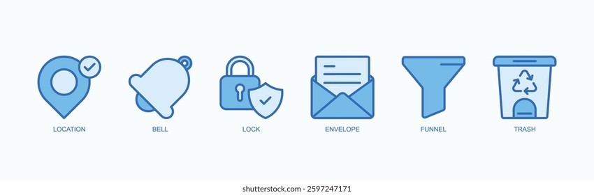 Alerts And Access Icon Set Isolated Vector Illustration Concept With Icon Of Location, Bell, Lock, Envelope, Funnel, Trash In Blue Style
