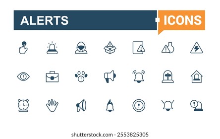 Alerts icon set. Related to signal, accident, danger, stop, notification, stroke, mobile and more. Minimal linear icons. Editable vector outline and solid icons.