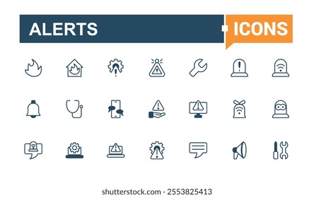 Alerts icon set. Related to signal, accident, danger, stop, notification, stroke, mobile and more. Minimal linear icons. Editable vector outline and solid icons.