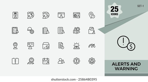 Alerts And Warning collection. Includes thin line error, attack, application, danger, hazard, notice, death, important. Thin icon design. Editable stroke.