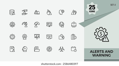 Alerts And Warning collection. Includes thin line error, attack, application, danger, hazard, notice, death, important. Thin icon design. Editable stroke.