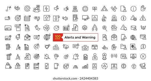 El icono Alertas y Aviso establece un paquete de iconos de estilo de arte de línea simple. Ilustración del vector