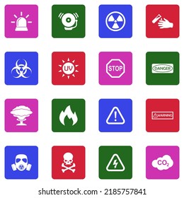 Alerts and Warning Icons. White Flat Collection In Square. Vector Illustration.