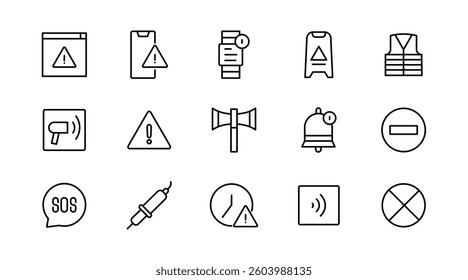 Alerts and warning line icon set. Danger, attention, caution, emergency, accident, alert, stop, notification, security outline icon collection. UI thin outline icon pack