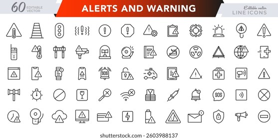 Alerts and warning line icon set. Danger, attention, caution, emergency, accident, alert, stop, notification, security outline icon collection. UI thin outline icon pack