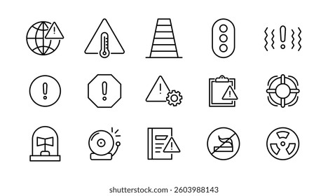 Alerts and warning line icon set. Danger, attention, caution, emergency, accident, alert, stop, notification, security outline icon collection. UI thin outline icon pack