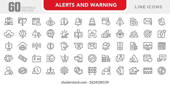 Conjunto de ícones de linha Alertas e Aviso. Alerta, cuidado, perigo, erro, aviso de perigo, químico, perigo, proteção, desastres naturais, serviços de resgate e conjunto de ícones de linha de emergência. Pacote de ícones de linha fina da interface do usuário.