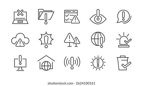 Alerts and Warning line icon set. Alert, caution, danger, error, danger warning, chemical, hazard, protection, natural disasters, rescue services, and emergency line icon set. UI thin line icon pack.