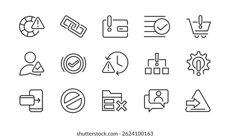 Warnmeldungen und Symbol für Warnmeldungszeile. Warnung, Vorsicht, Gefahr, Fehler, Gefahrenwarnung, Chemikalie, Gefahr, Schutz, Naturkatastrophen, Rettungsdienste und Notfall-Symbol-Set. UI Thin Line Icon Pack.
