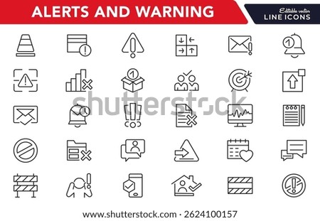 Alerts and Warning line icon set. Alert, caution, danger, error, danger warning, chemical, hazard, protection, natural disasters, rescue services, and emergency line icon set. UI thin line icon pack.