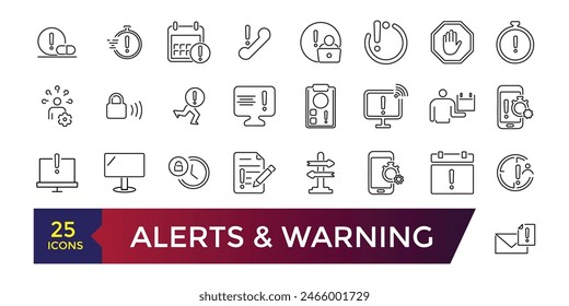 Alerts and Warning Line Icons. Contains such Icons as Alert, Exclamation Mark, Warning Sign and more. Editable stroke illustration. Vector ui and web icon.