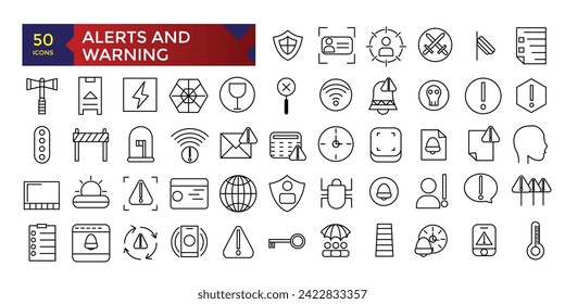 Alertas y señales de advertencia configuran iconos de línea para el kit móvil ux-ui