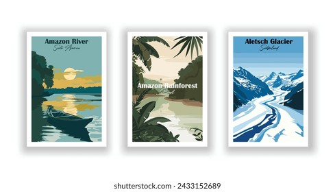 Glaciar Aletsch, Suiza. Selva amazónica, Brasil. Andes, Sudamérica - Set de 3 Carteles de Viajes Vintage. Ilustración vectorial. Impresiones de alta calidad