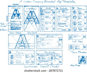 A-Letter Branded Corporate Internal Mobile App Vector Mockup Sketch