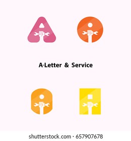 A-letters and human hand icon with wrench vector logo design template. Service tool icon.Maintenance and Technical support concept.Vector illustration.