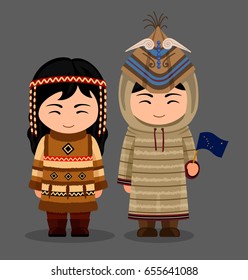 Aleuts in national clothes with a flag. Man and woman in traditional costume. Travel to Alaska. People. Vector flat illustration.